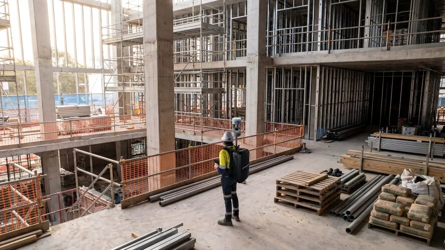 Emesent GX1 mobile mapping scanner capturing building interior for Scan-to-BIM workflow
