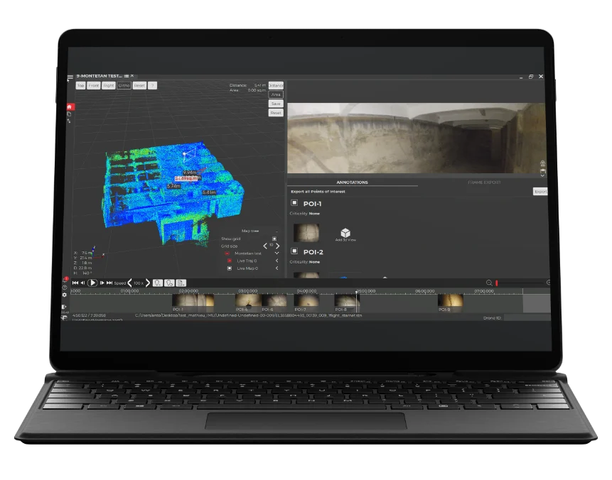 Inspector software showing a point cloud, annotations and inspection footage from a vessel survey