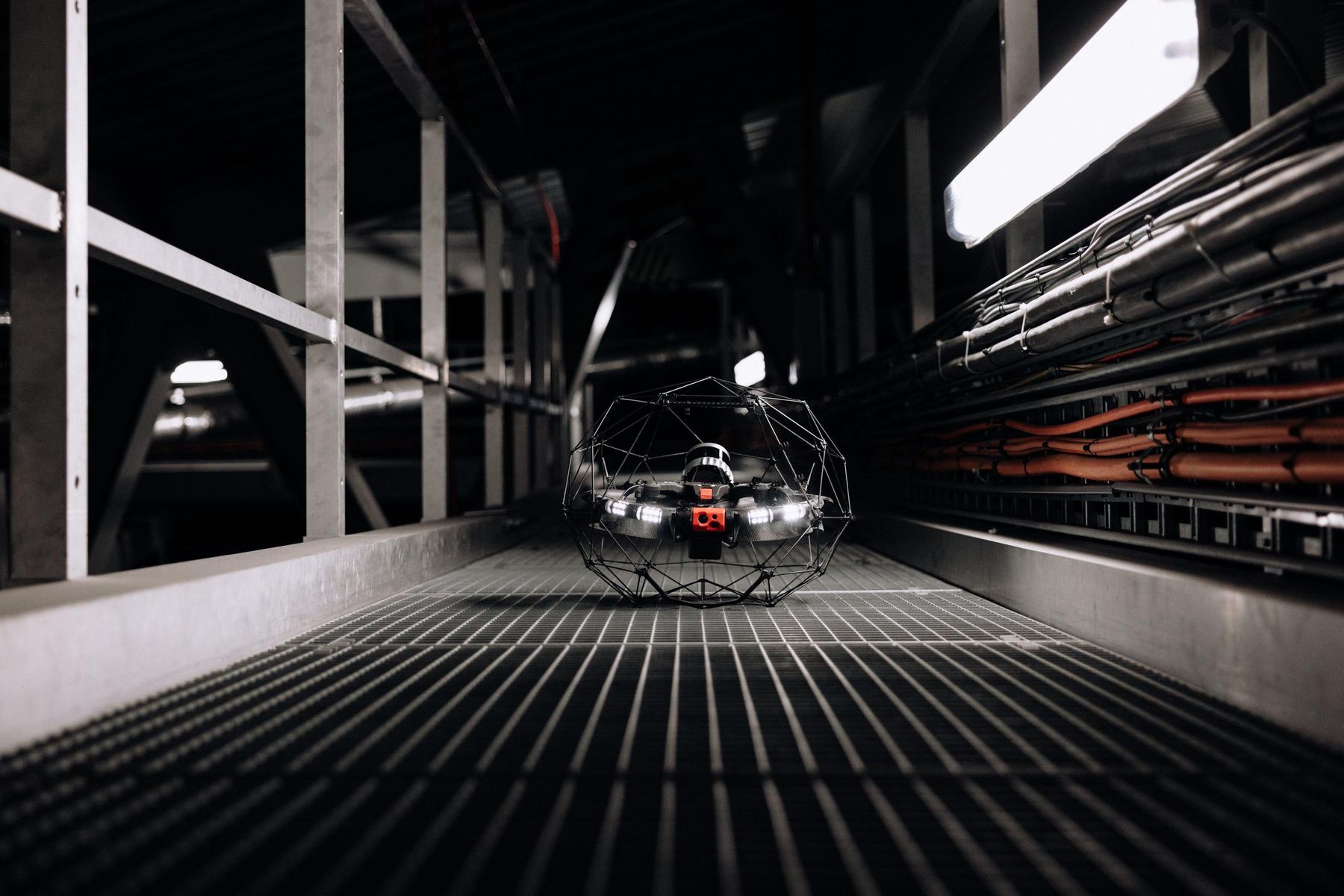 Elios 3 flying inside an industrial cable gallery